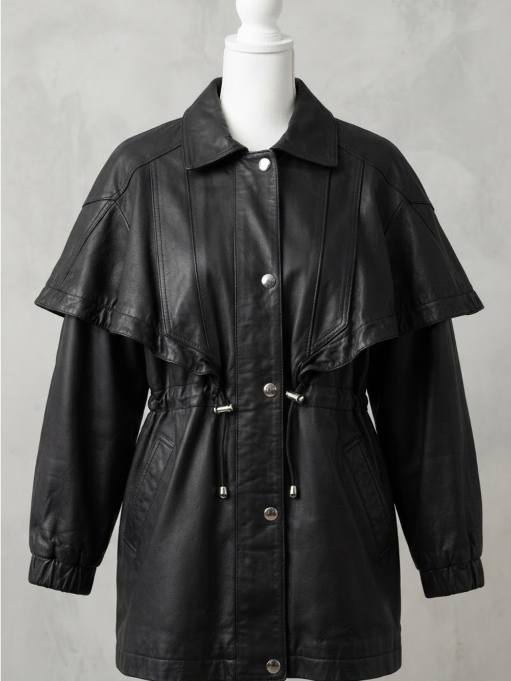 Men's Black Leather Drawstring Parka Jacket
